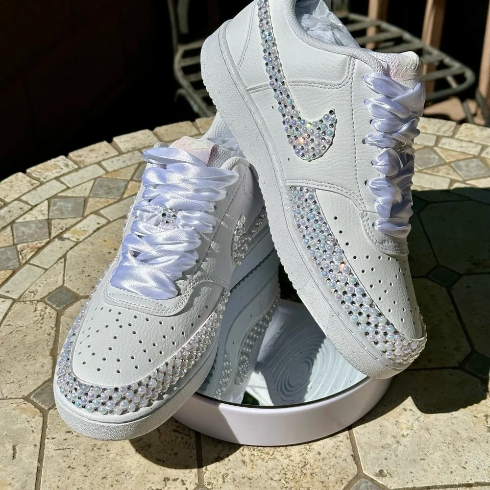 Nike Court White Pearl Sneakers, Rhinestone Wedding Pearl Shoes